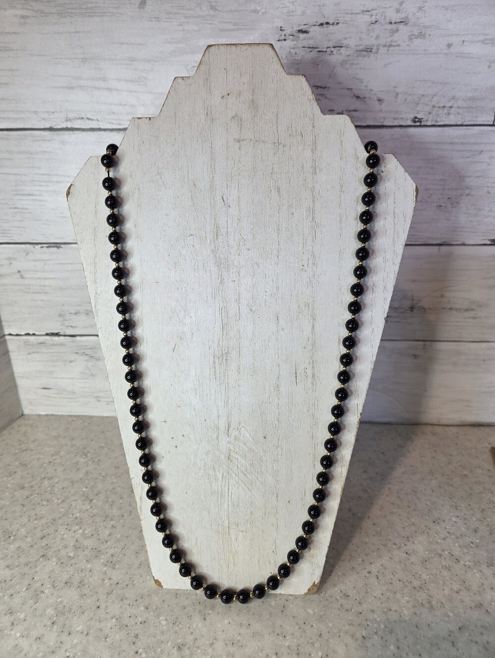 Vintage Monet 30" Black Beaded Necklace Gold Tone Long Strand Classic Jewelry